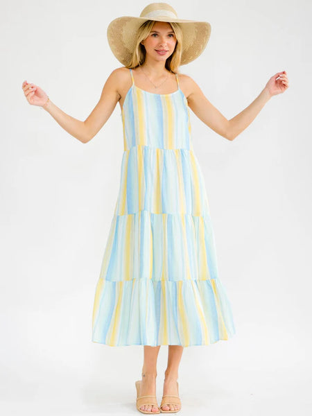 Blue & Yellow Stripe Midi Dress