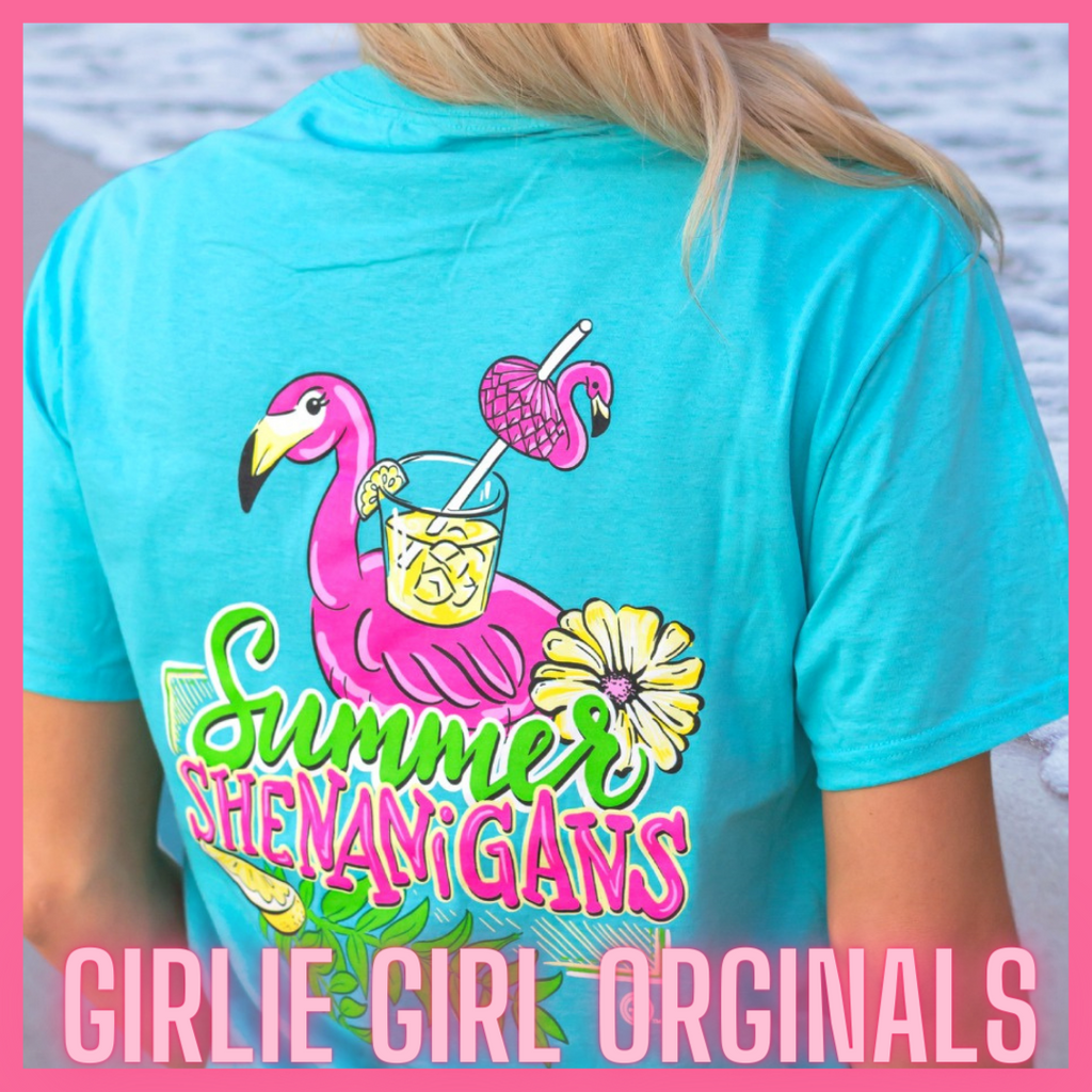 Girlie Girl Orginals Tee Shirt. Featuring Summer Pink Flamingo Design on an Aqua Tee Shirt. 