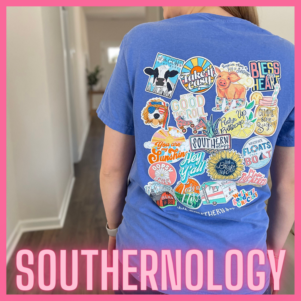 Southernology Tee Shirt featuring Southern Decal Design on Blue Comfort Color Shirt.