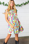 Seafoam Flat Floral Woven Poplin Ruffle Frill Sleeve Dress