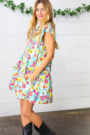 Seafoam Flat Floral Woven Poplin Ruffle Frill Sleeve Dress