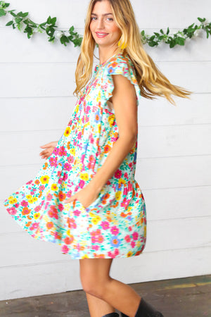 Seafoam Flat Floral Woven Poplin Ruffle Frill Sleeve Dress