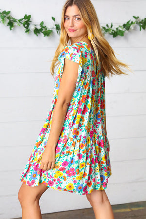 Seafoam Flat Floral Woven Poplin Ruffle Frill Sleeve Dress