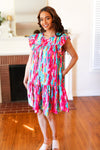 Peach Boho Floral Button Detail V Neck Ruffle Dress