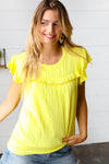 Yellow Wide Rib Frilled Short Sleeve Yoke Top