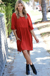 Rust Three Quarter Puff Sleeve Babydoll Dress