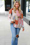 Olive & Rust Floral Patchwork Babydoll Knit Top