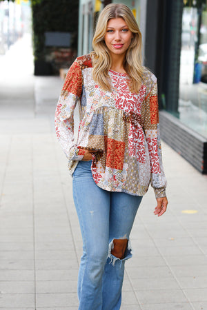 Olive & Rust Floral Patchwork Babydoll Knit Top