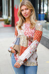 Olive & Rust Floral Patchwork Babydoll Knit Top