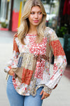 Olive & Rust Floral Patchwork Babydoll Knit Top