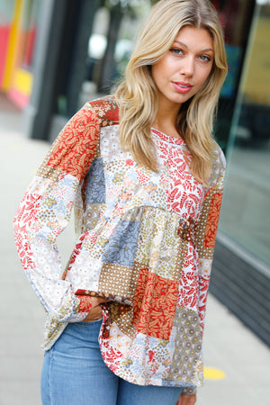 Olive & Rust Floral Patchwork Babydoll Knit Top