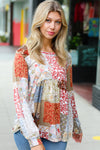 Olive & Rust Floral Patchwork Babydoll Knit Top