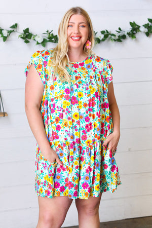 Seafoam Flat Floral Woven Poplin Ruffle Frill Sleeve Dress