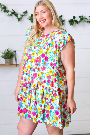 Seafoam Flat Floral Woven Poplin Ruffle Frill Sleeve Dress