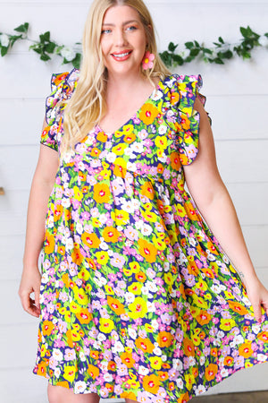Indigo & Lemon Floral Babydoll Ruffle Dress