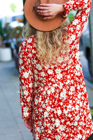 Just Be You Rust Floral Long Sleeve Babydoll Dress