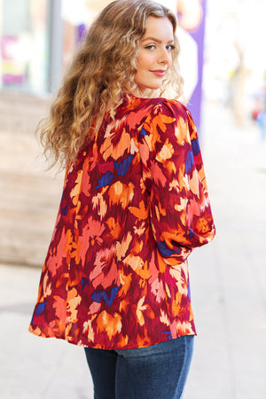Face The Day Burgundy Floral Abstract Print V Neck Smocked Top