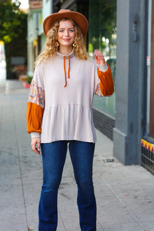 Easy Days Ahead Taupe/Rust Turtleneck Babydoll Terry Top