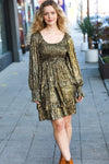 Dazzling Black Gold Foiled Smocked Fit & Flare Dress