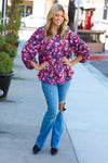 Purple Floral Print V Neck Woven Top
