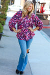 Purple Floral Print V Neck Woven Top