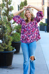 Purple Floral Print V Neck Woven Top