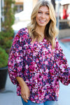 Purple Floral Print V Neck Woven Top