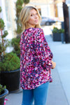 Purple Floral Print V Neck Woven Top