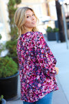 Purple Floral Print V Neck Woven Top