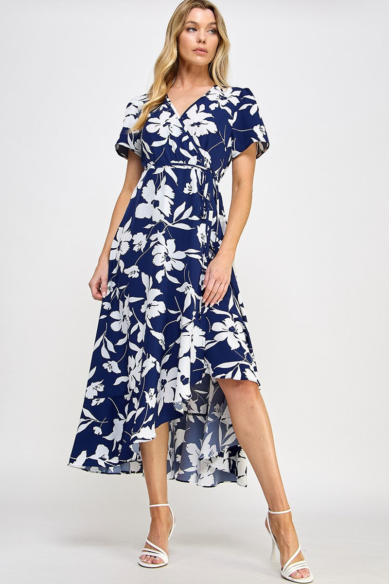 Navy & White Floral Wrap Midi Dress