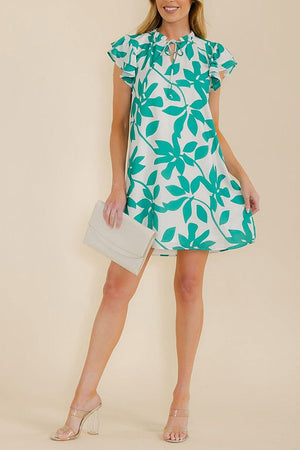 White & Mint Leaf Print Dress