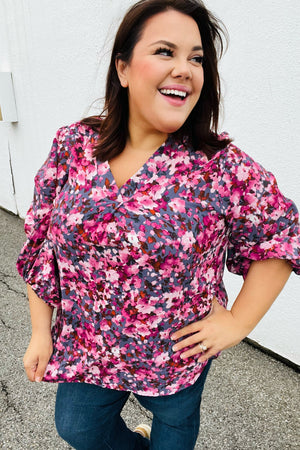 Purple Floral Print V Neck Woven Top