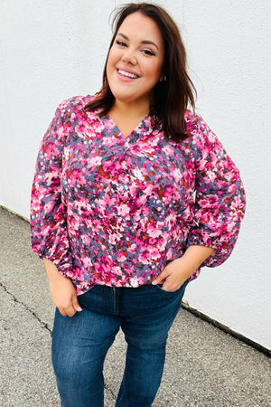 Purple Floral Print V Neck Woven Top