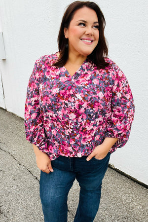 Purple Floral Print V Neck Woven Top