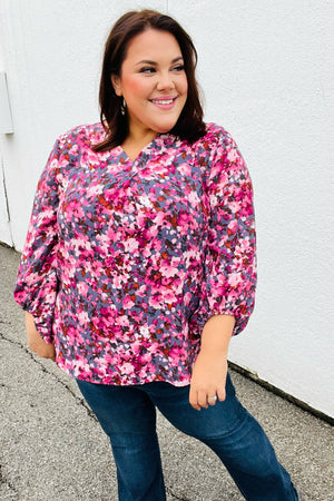 Purple Floral Print V Neck Woven Top