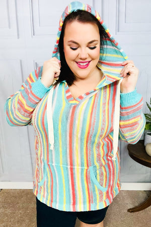 Be Bold Mint Multicolor Stripe Pullover Notched Hoodie
