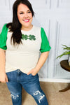 Lucky Sequin Clover Oatmeal Cable Knit Puff Sleeve Top