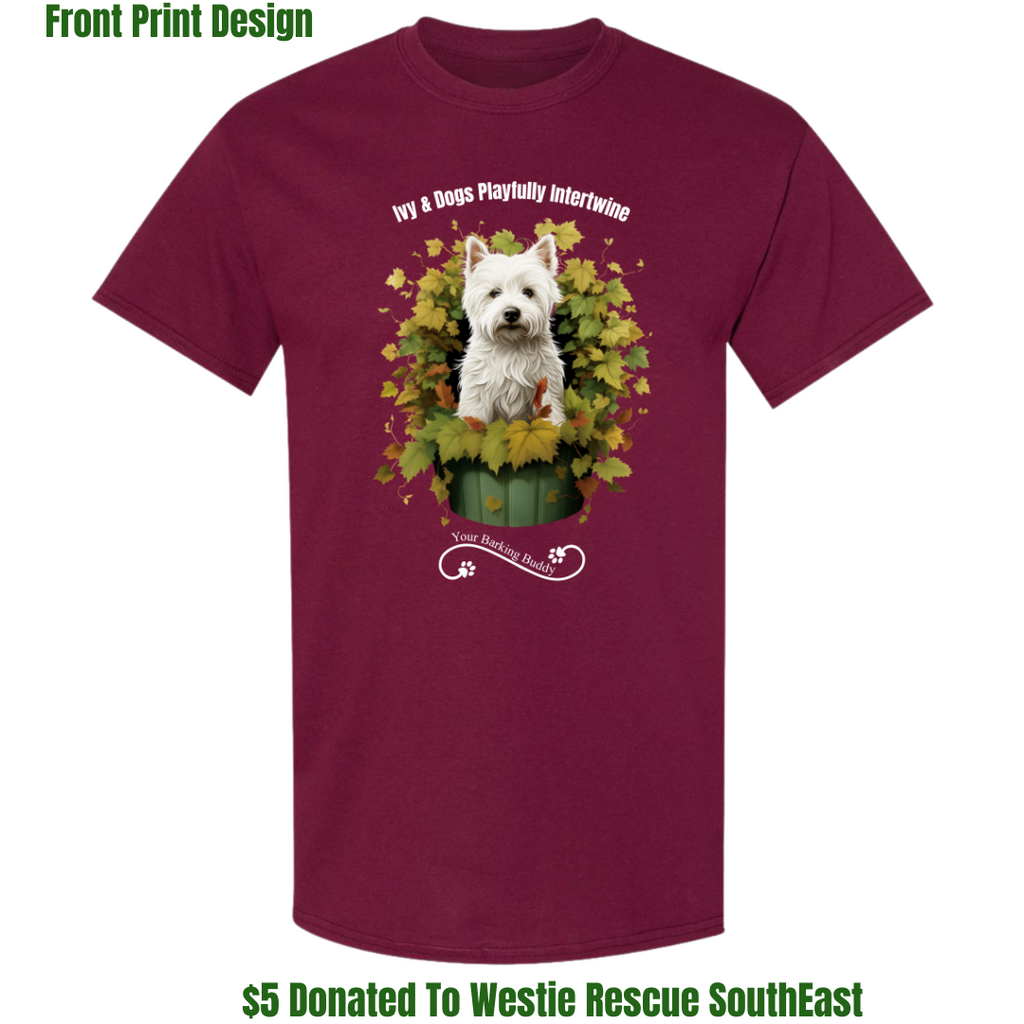 Ivy Dog Planter by Your Barking Buddy- Color Maroon Short Sleeve Front Print (Pre-Order 2-3 Weeks)