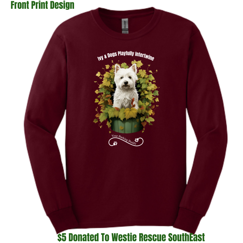 Ivy Dog Planter by Your Barking Buddy- Color Maroon Long Sleeve Front Print (Pre-Order 2-3 Weeks)