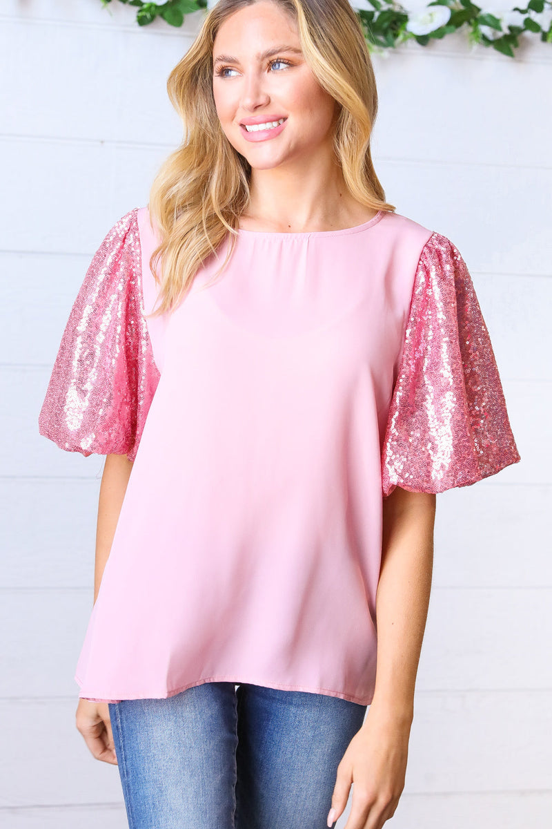 Pink Sequin Puff Sleeve Woven Top