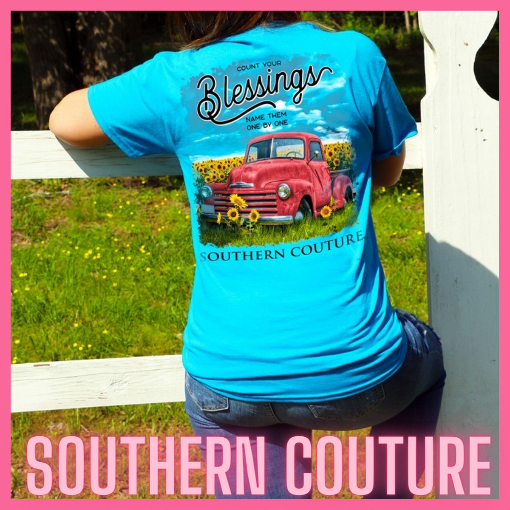 Southern Couture Tee Shirt. Count Your Blessings Red Truck In Sunflower Field featured on Turquoise Tee Shirt. 