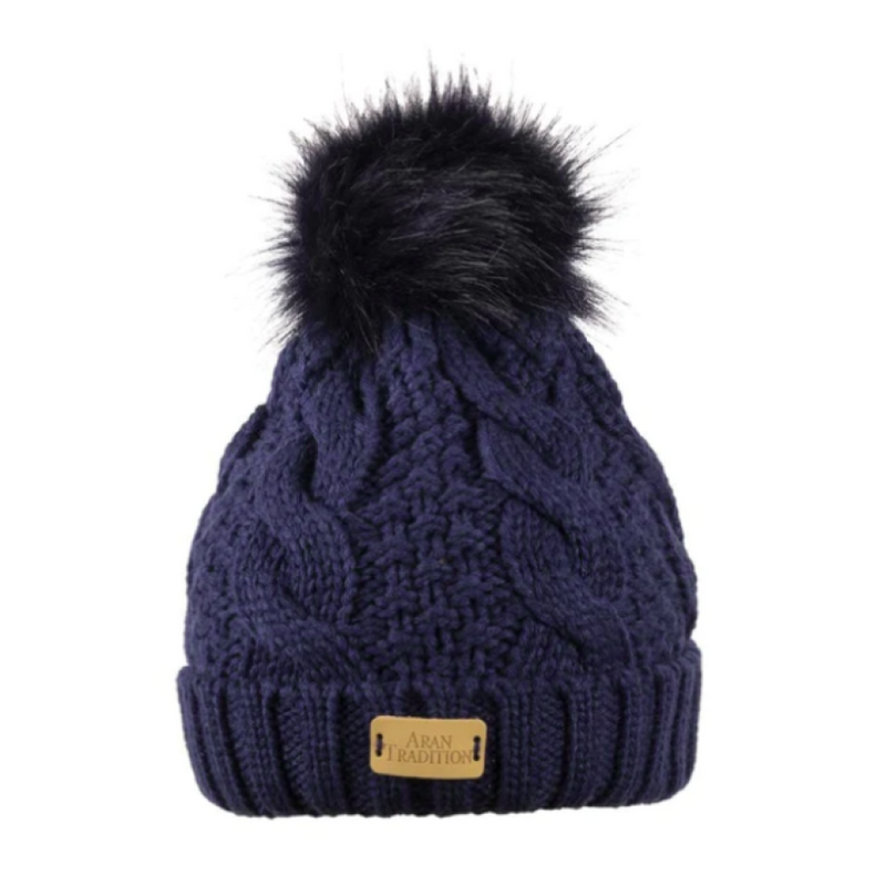 Navy Aran Pom Pom Hat