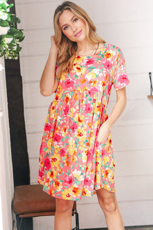 Coral Floral Babydoll Fit and Flare Dress