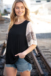Black Rib Leopard Print Bell Sleeve Crochet Top