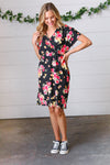 Black & Pink Floral Surplice V Neck Pocketed Dress