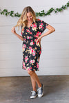 Black & Pink Floral Surplice V Neck Pocketed Dress