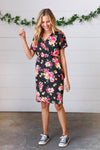 Black & Pink Floral Surplice V Neck Pocketed Dress
