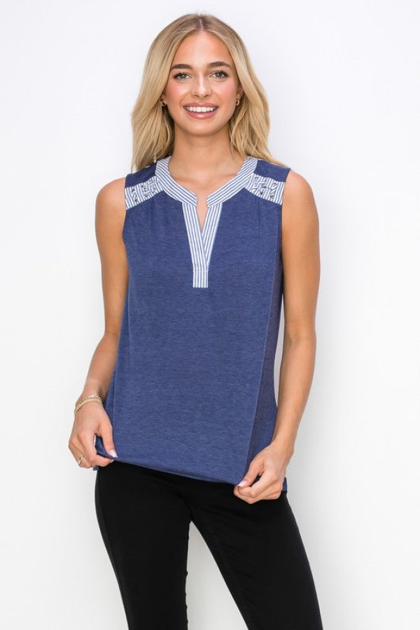 Navy Grommet Seersucker Top