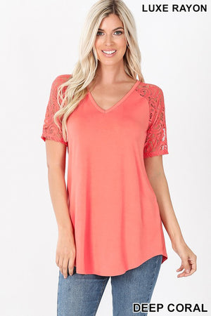 Lace Short Sleeve Top Coral