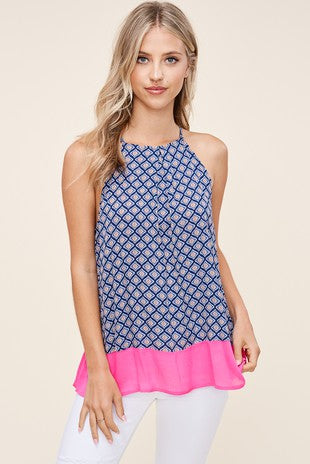 Navy & Pink Geo Top
